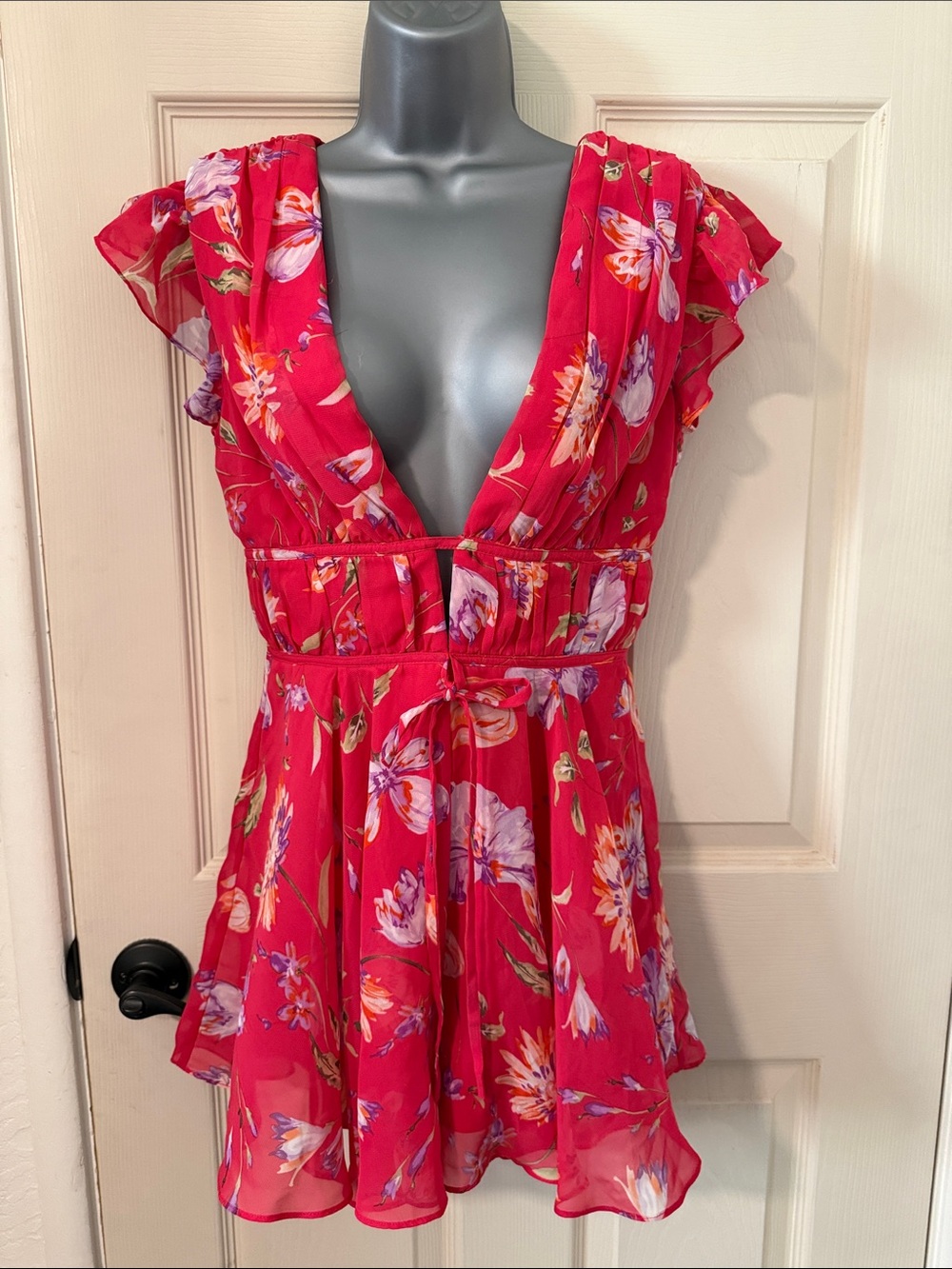 Lulu's Red Floral Deep V Ruffle Sleeve Tunic